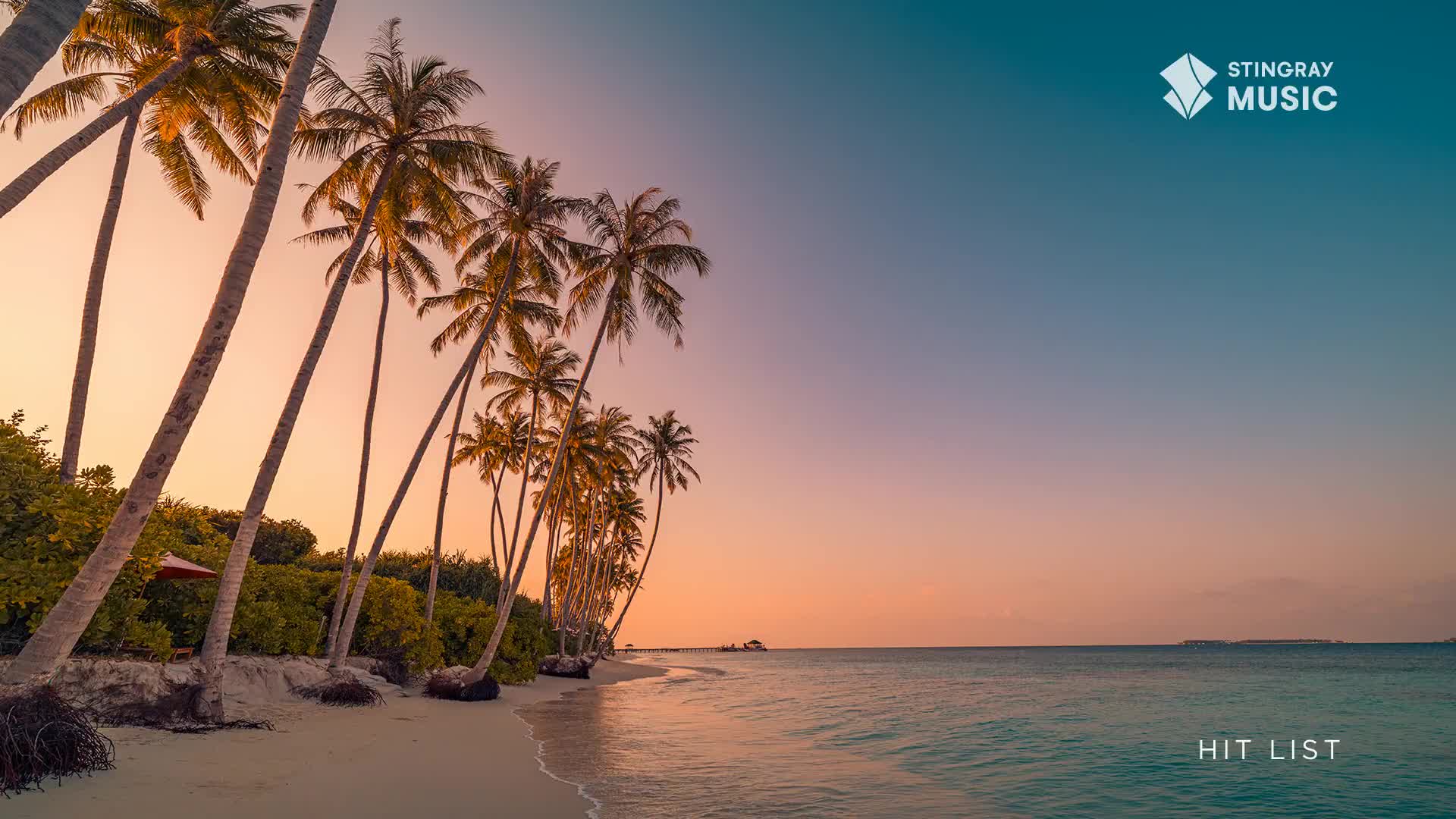 Palm trees lean over a sandy beach as gentle waves lap the shore. The sky glows with the warm hues of sunset, a perfect backdrop for Stingray Music's Hit List.
