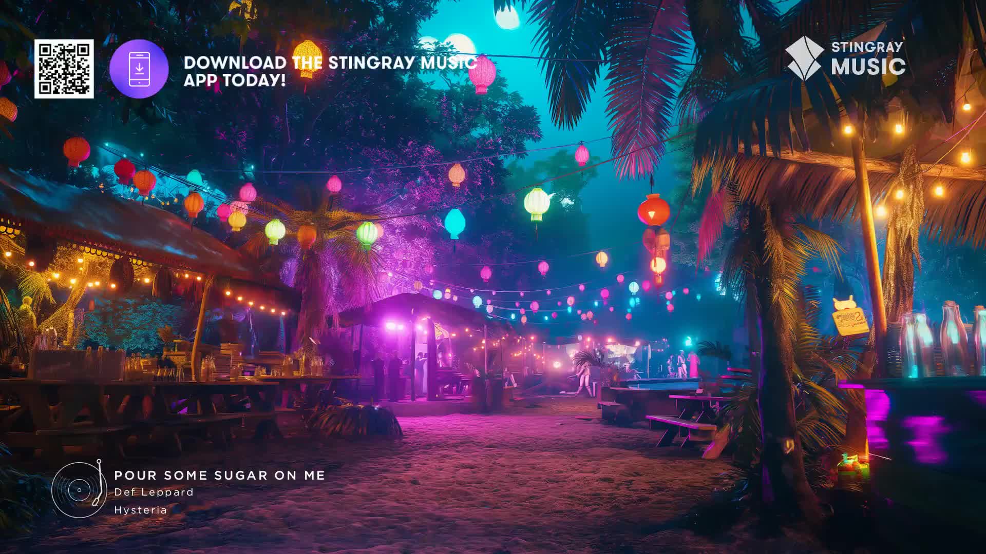 Under a canopy of colorful paper lanterns, a beachside bar glows with neon lights. The air feels warm, and the sound of Def Leppard's "Pour Some Sugar On Me" from Stingray Holiday Hits is playing in the background.
