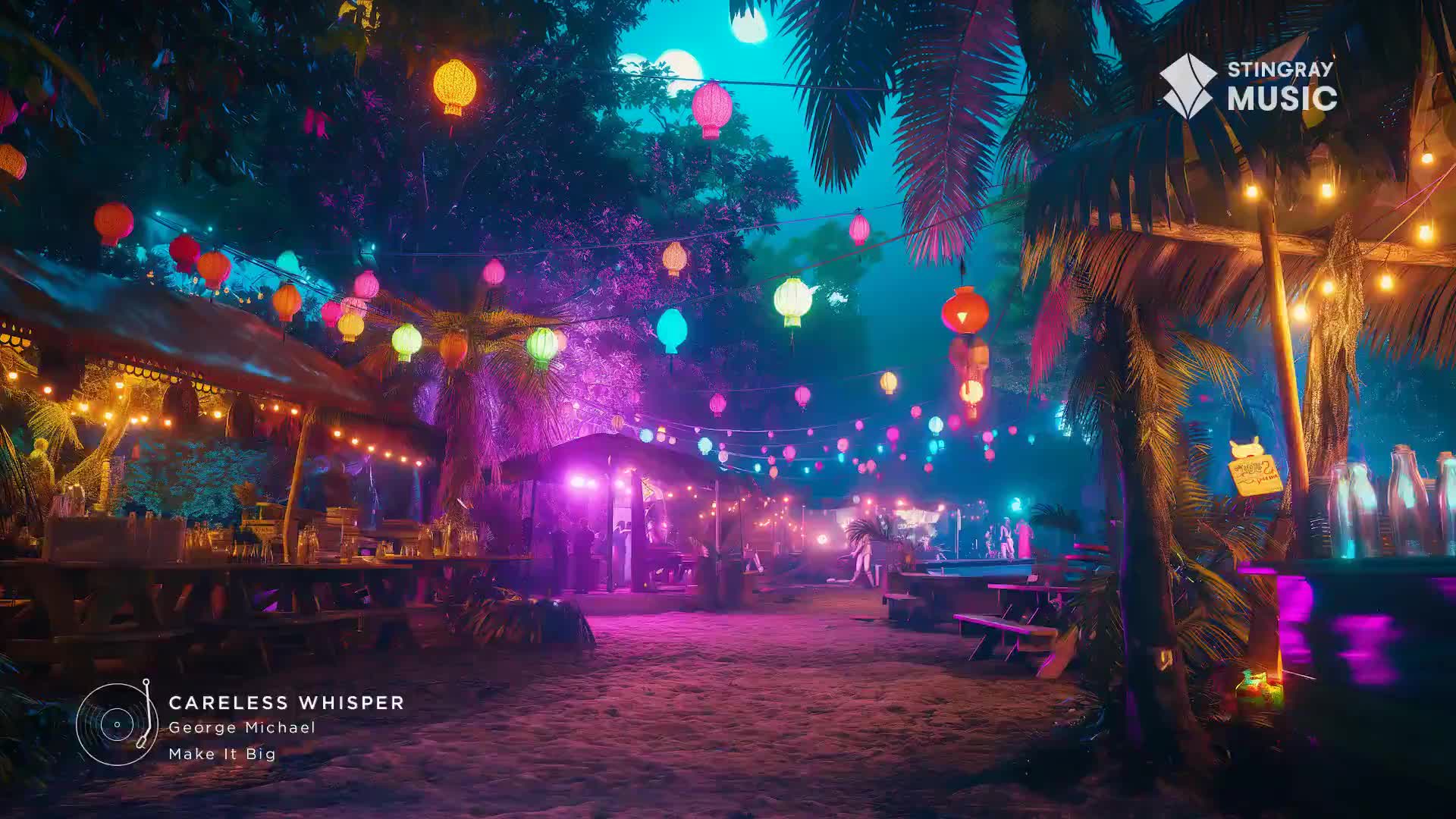Strings of colorful lanterns hang overhead, lighting up a beachside bar in a tropical paradise. The air is thick with a neon glow, and the sound of George Michael's "Careless Whisper" from Stingray Holiday Hits drifts through the humid night.
