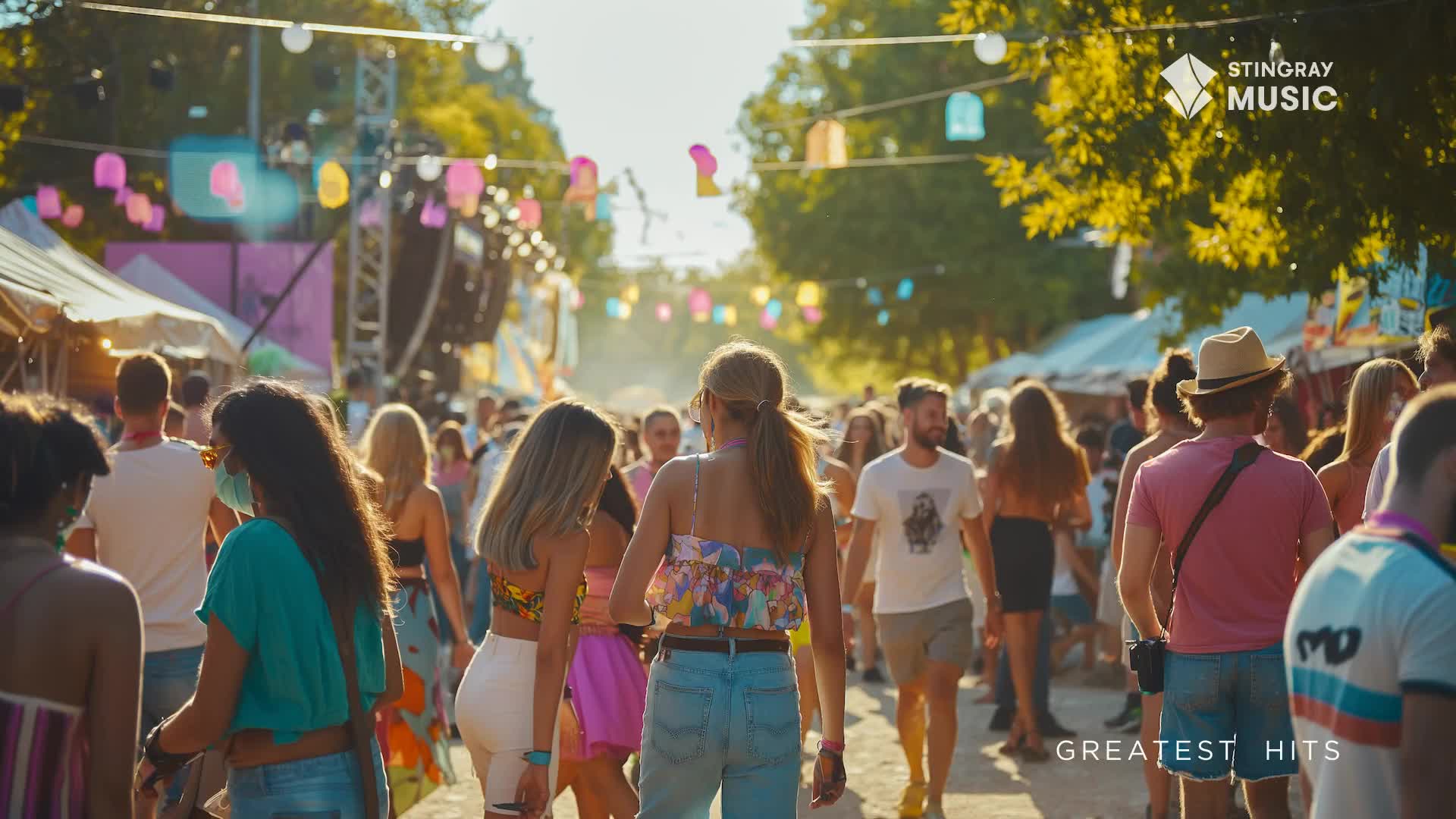 The crowd is moving slowly down a path, likely at a festival in Canada, with tents and stages lining the sides. String lights and the sun create a warm glow over everyone's heads.
