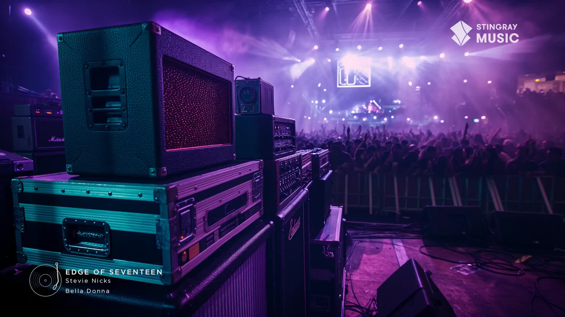 The stage is packed with gear, lit by purple and white spotlights, as the crowd surges forward. "Edge of Seventeen" is blasting from the speakers, and the audience is all energy.
