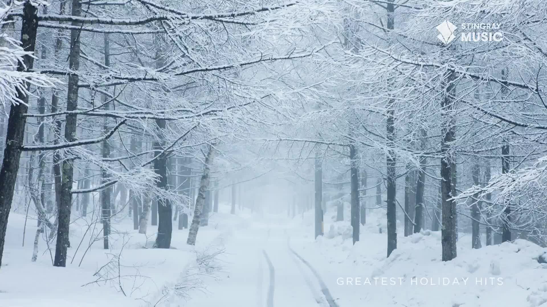 A snow-covered road disappears into a misty forest, the trees' branches heavy with frost. This scene, perfect for a Canadian winter, is the backdrop for Stingray's "Greatest Holiday Hits."
