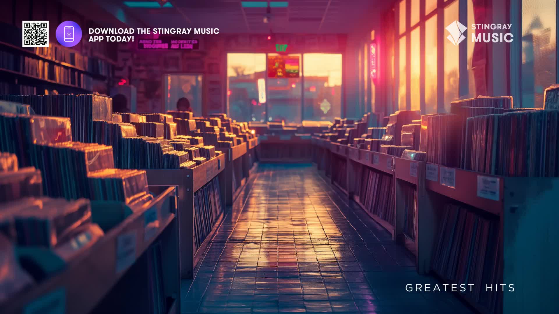 Rows of record bins stretch down a dimly lit aisle, bathed in the warm glow of a setting sun. The air feels thick with anticipation, like a quiet moment before the Stingray Holiday Hits kick in.