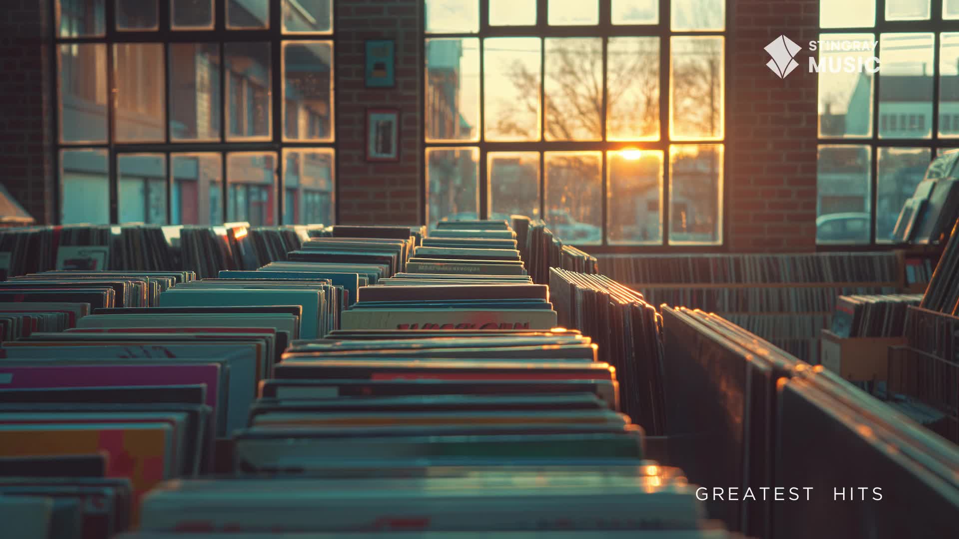 The late afternoon sun streams through the windows of this Canadian record shop, illuminating rows of vinyl. A "Greatest Hits" compilation from Stingray Music sits on display.