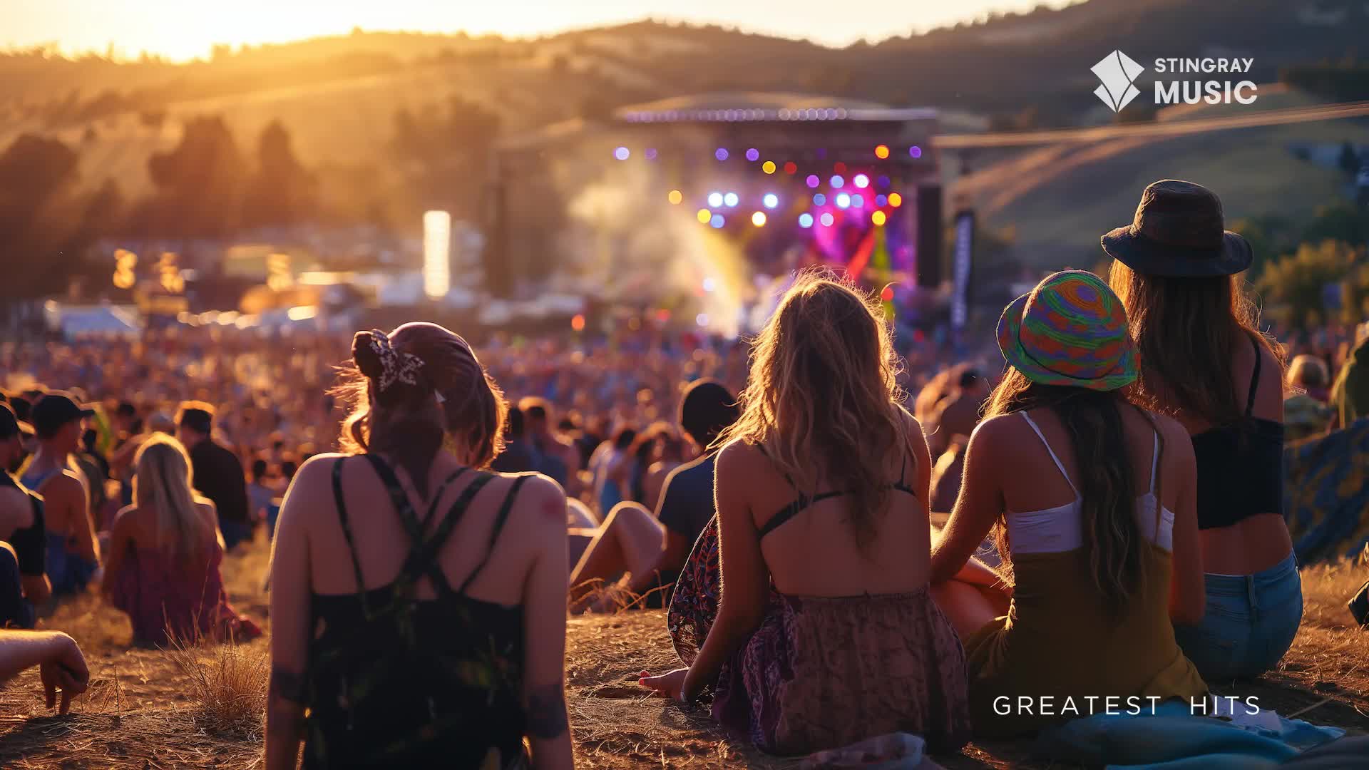 The sun dips low, casting a warm glow over a massive crowd gathered for a concert in Canada. Lights flash on the distant stage, illuminating the festivalgoers enjoying the Stingray Holiday Hits.