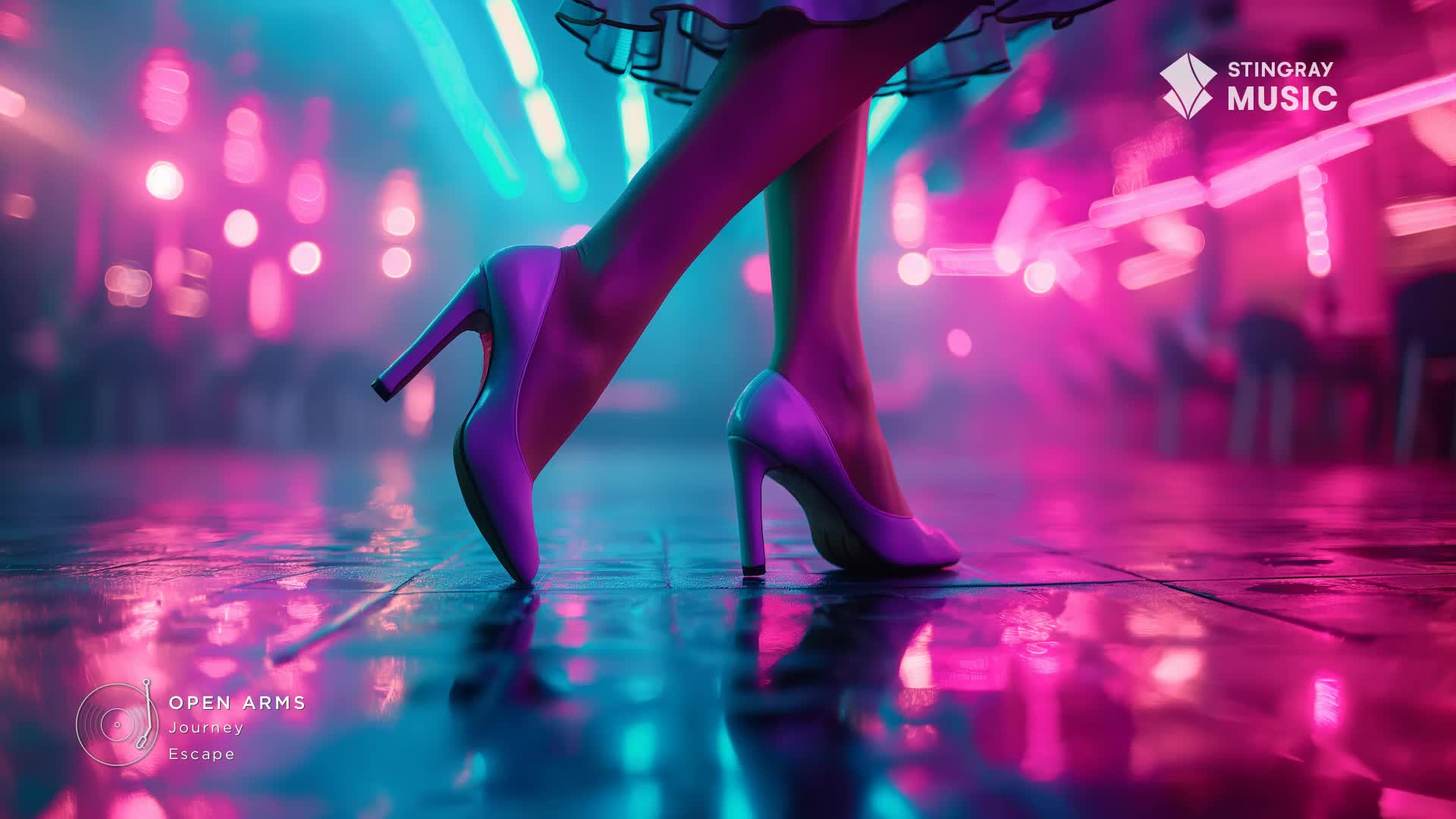 A woman in pink heels steps onto a wet, reflective floor under neon lights. The vibrant glow of a Canadian nightclub pulses around her as she moves.