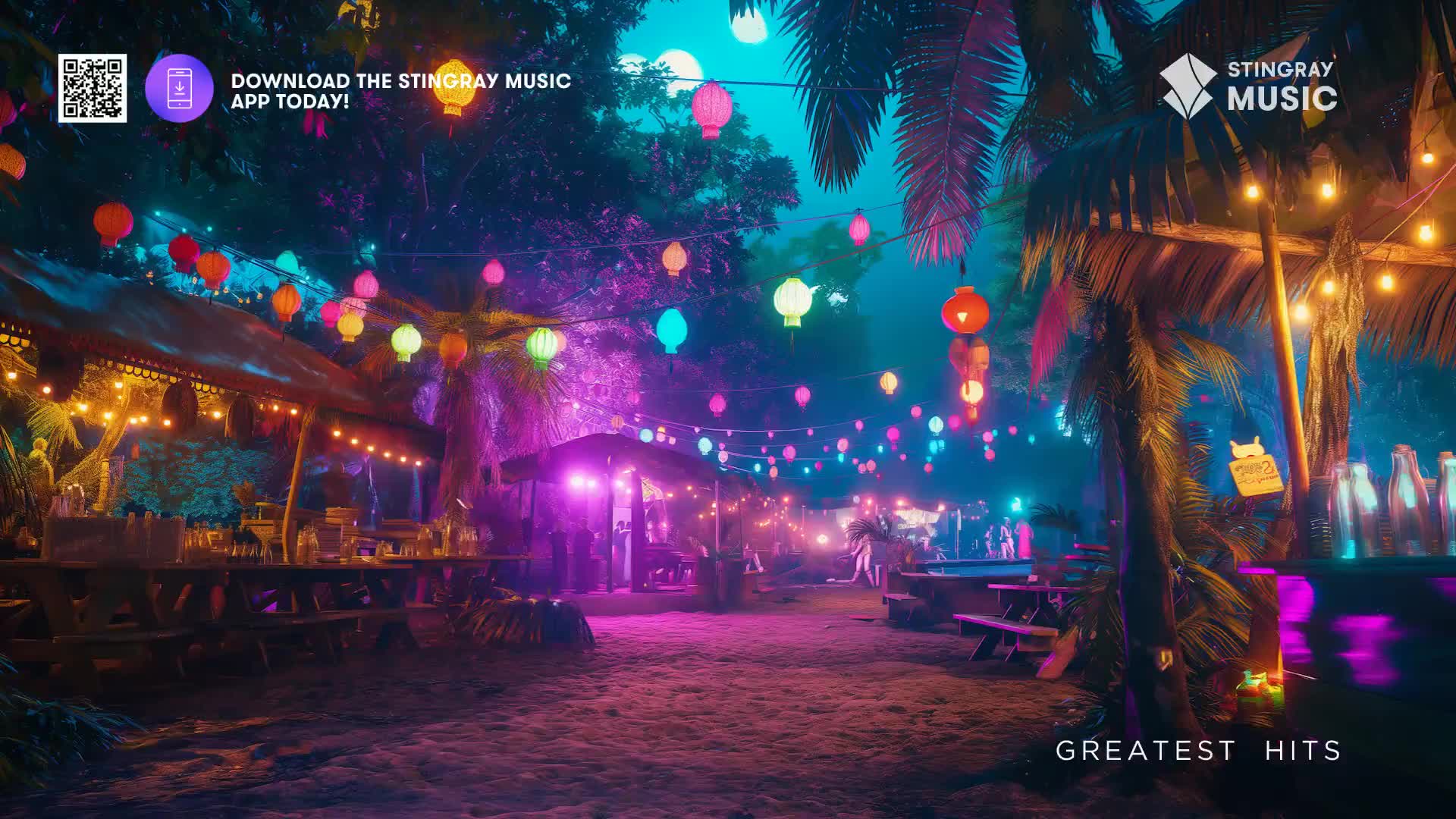 Lanterns glow in a rainbow of colours over a sandy outdoor venue, illuminating picnic tables and a bar. The air hums with the promise of Stingray Holiday Hits, a perfect Canadian summer night.