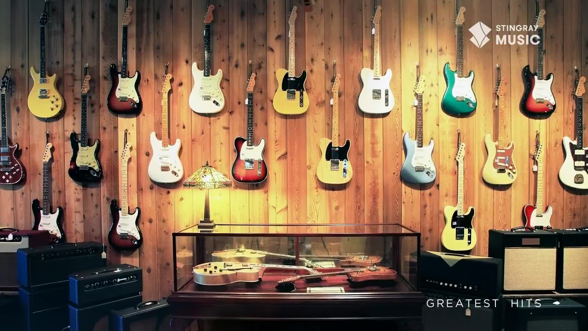 A wall of electric guitars, mostly Fender Stratocasters and Telecasters, hangs against a warm, wood-paneled background. Below them, a glass display case showcases a few more guitars, and amplifiers sit stacked on the floor. The Stingray Music logo and "Greatest Hits" text are visible.
