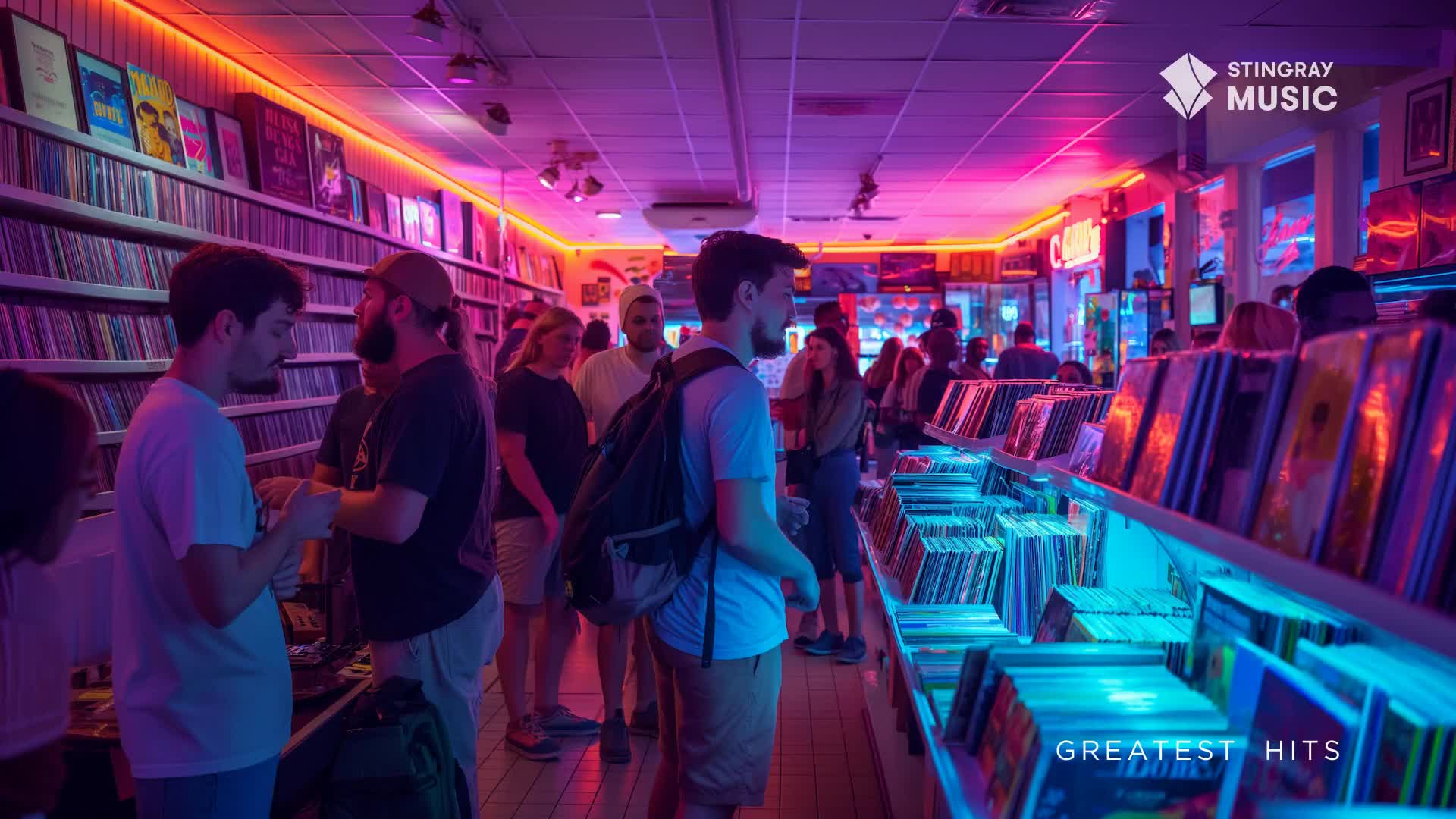 The neon glow of the record store washes over shoppers browsing the extensive collection. A young man with a backpack stands near a display of albums, his gaze fixed on the rows of vinyl.