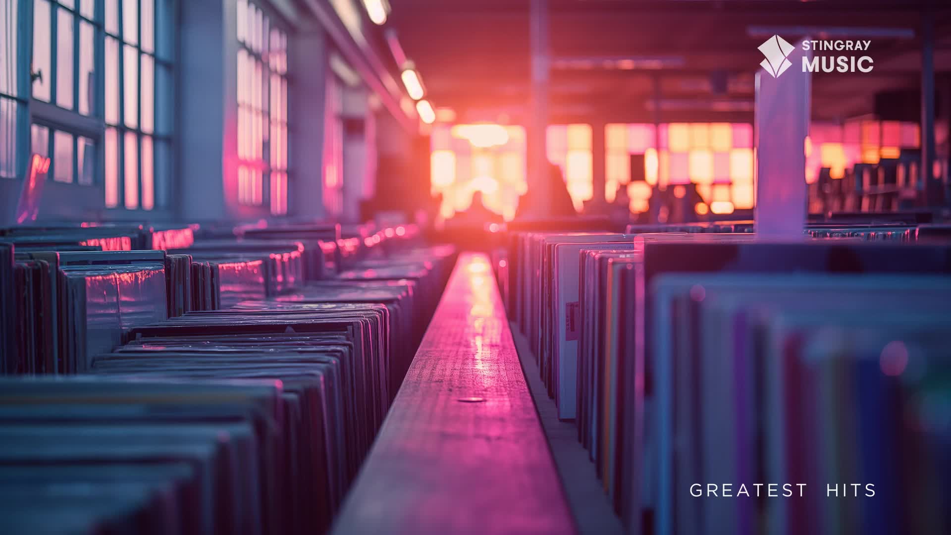 Rows of record sleeves stretch into the distance, bathed in the warm glow of sunset filtering through industrial windows. The air hums with the promise of classic Canadian tunes, a perfect soundtrack for a Stingray Holiday Hits compilation.