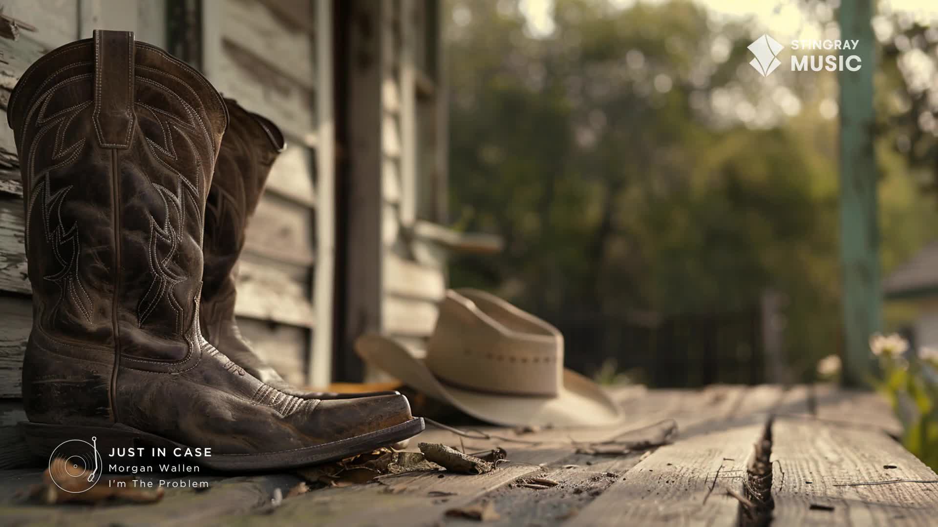 Weathered cowboy boots stand on a wooden porch, next to a hat. The Stingray Music logo and the title "Just In Case" are visible, suggesting this is a scene from a music video.
