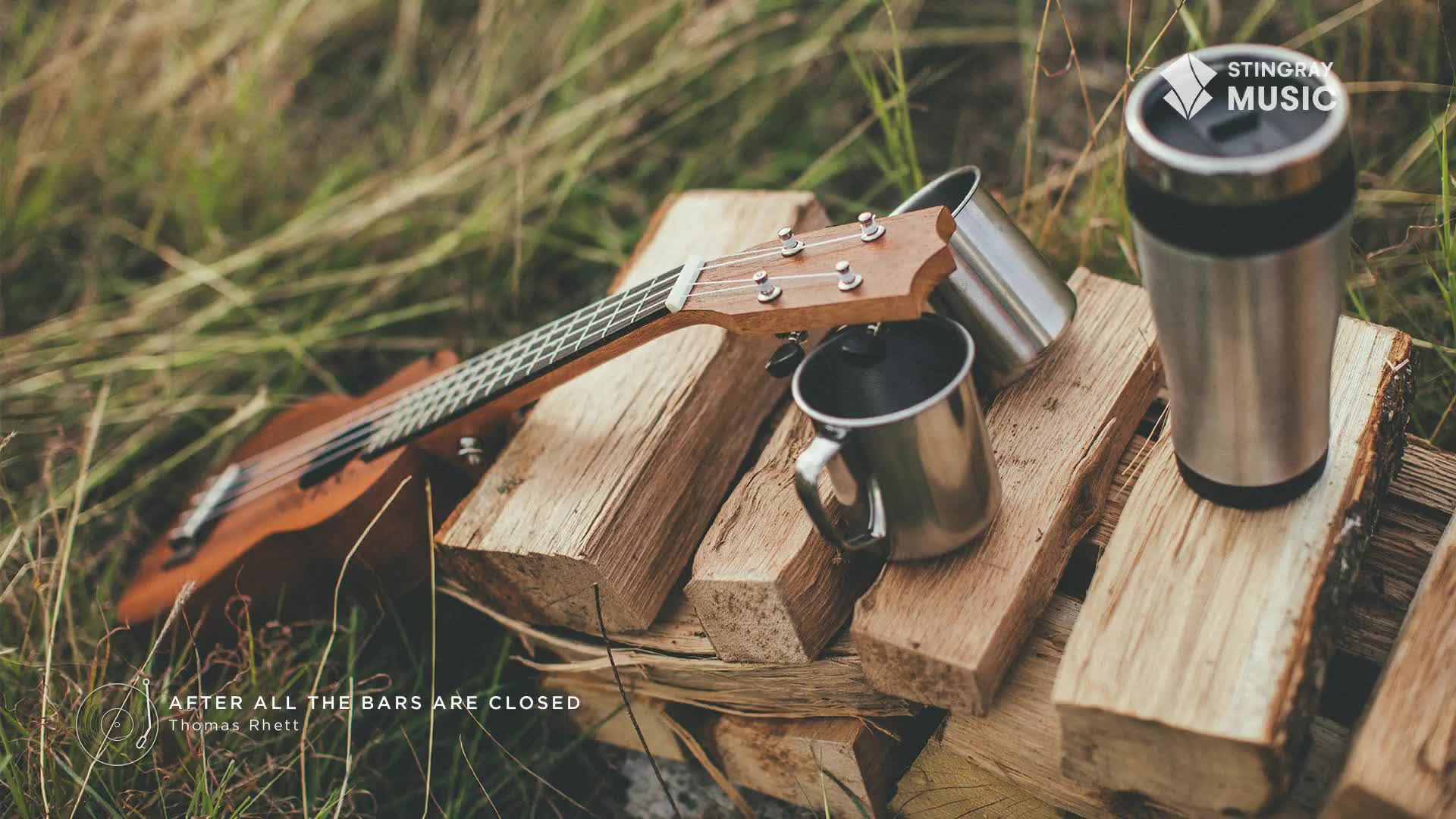 A ukulele leans against a stack of firewood, a couple of metal mugs and a travel mug nearby.  The Stingray Hot Country logo is visible, and the scene evokes a relaxed, outdoor setting in Canada.
