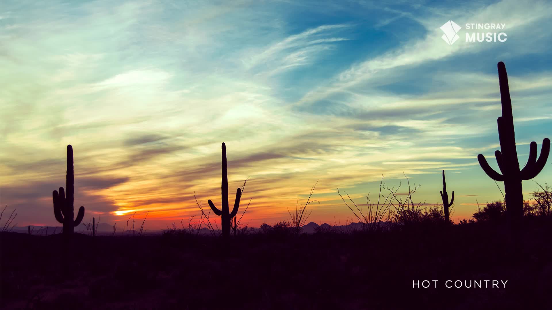 The sky is a wash of color, the sun setting behind the distant mountains. Silhouetted saguaro cacti stand tall against the vibrant backdrop, a scene that feels like it could be the backdrop for Stingray Hot Country.
