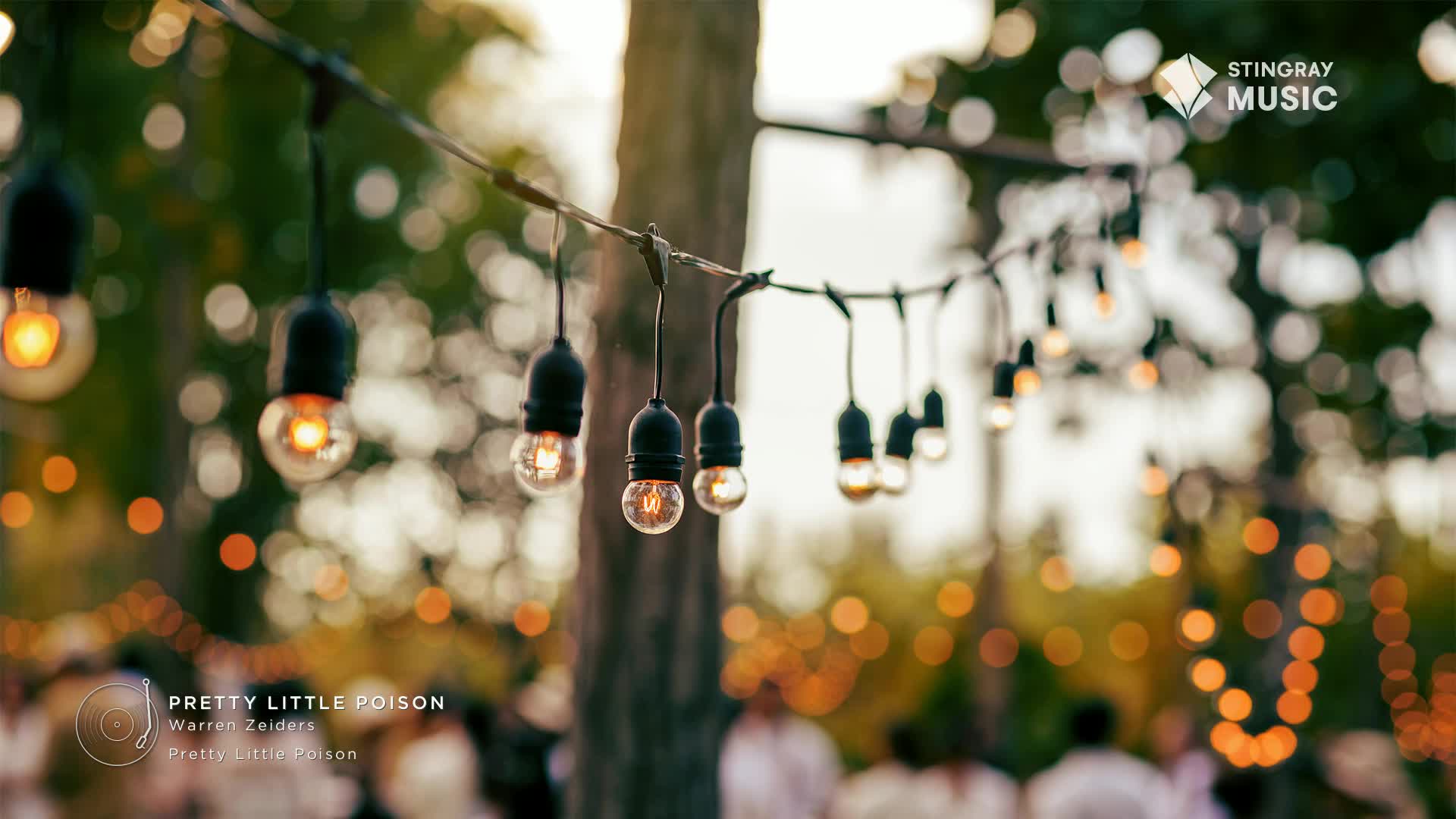 String lights, each with a warm, glowing bulb, hang from a wire strung between trees. The blurred background suggests a gathering, maybe a Stingray Hot Country event in Canada, with the music of Warren Zeiders playing.

