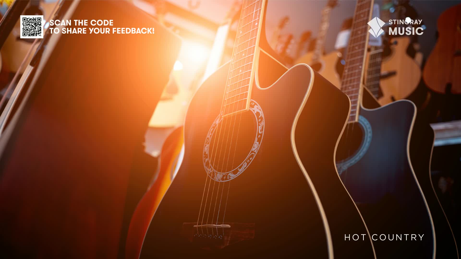 Sunlight pours over a row of acoustic guitars, their dark bodies contrasting with the bright glow. The Stingray Hot Country logo is visible, hinting at the music these instruments create.
