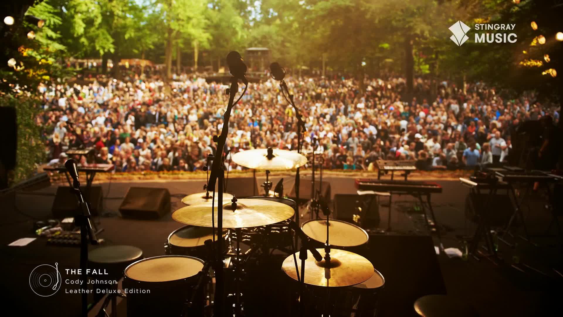A massive crowd fills the park, bathed in the warm glow of stage lights. The drum kit sits ready on stage, its cymbals catching the sun.