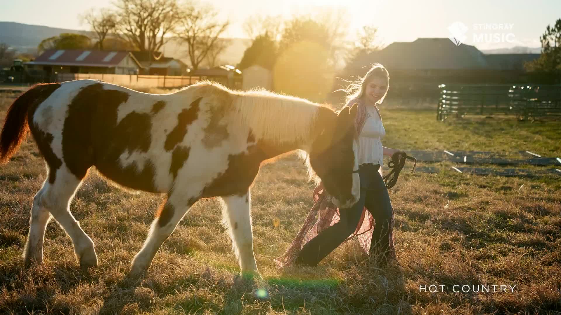 A young woman walks a paint horse through a sun-drenched field, the golden light catching the dry grass. The horse's brown and white coat stands out against the warm, hazy backdrop of a farm.
