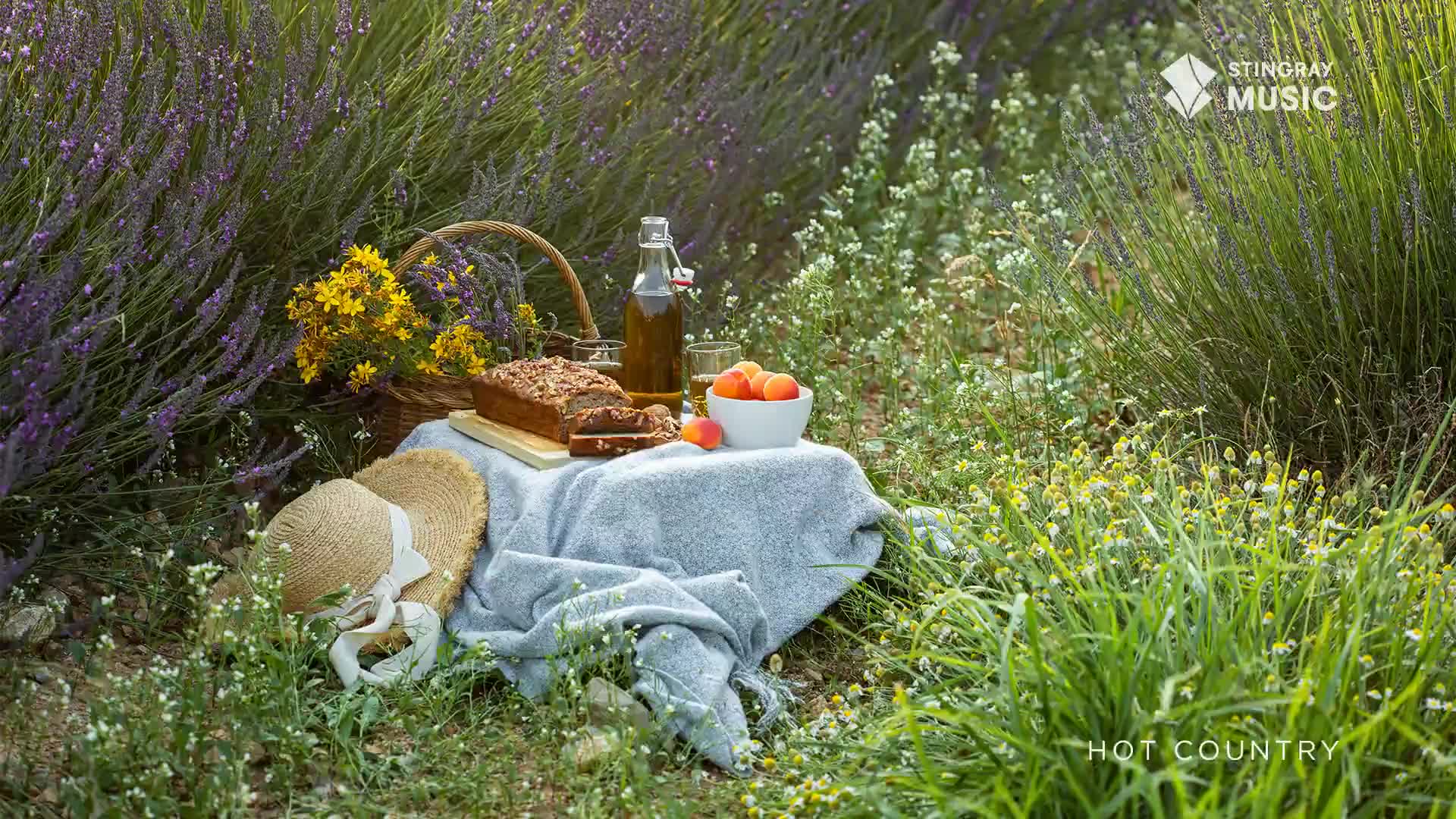 A picnic blanket is spread out amongst rows of lavender and wildflowers, laden with a loaf of banana bread, fruit, and a bottle of amber liquid. A straw hat rests on the blanket, ready for a sunny afternoon.