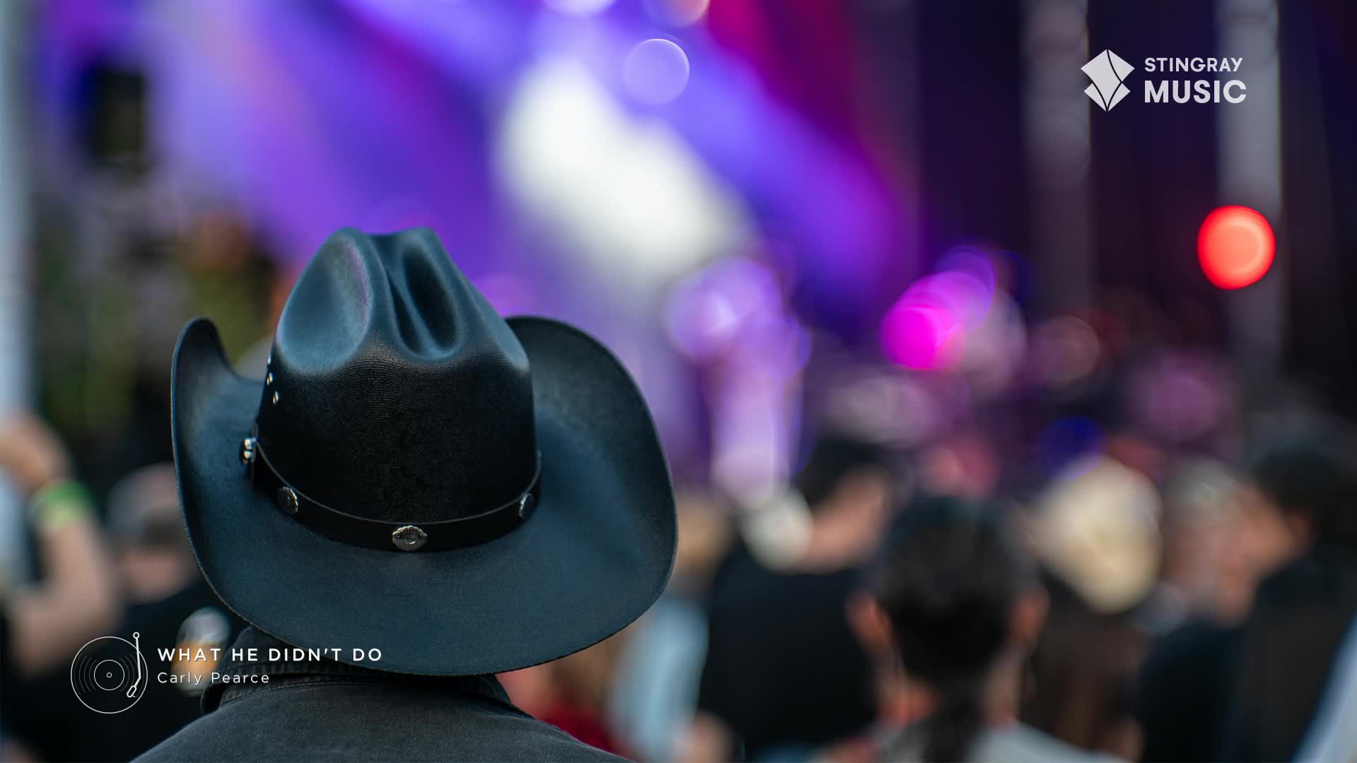 A black cowboy hat sits tilted forward, obscuring the face of the wearer. Behind, a crowd pulses under vibrant purple and pink stage lights, a familiar scene at a Stingray Hot Country event.