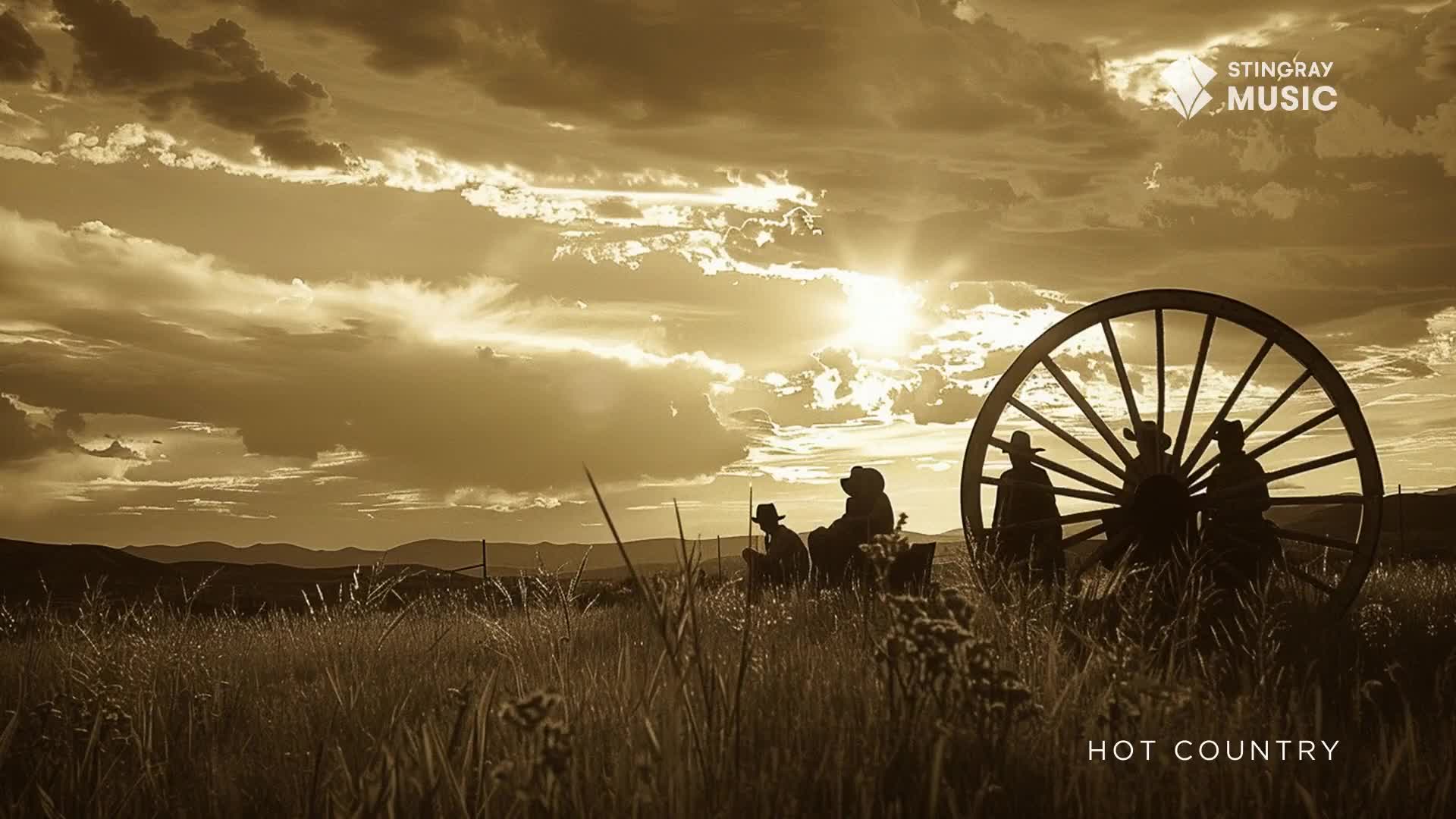 A group of musicians, silhouetted against a bright prairie sunset, are gathered around a wagon wheel. They're playing their instruments, their music filling the vast Canadian landscape.