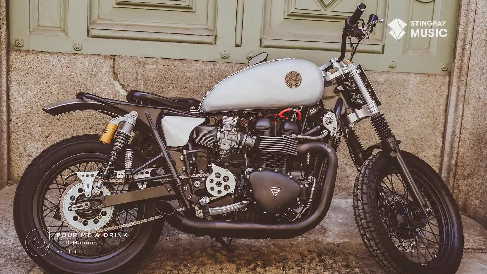 A custom motorcycle with a silver tank and black accents sits parked. The Stingray Hot Country logo is visible in the upper right corner.