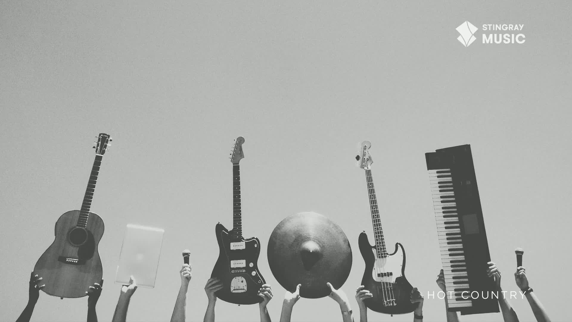Hands are holding up an acoustic guitar, an electric guitar, a bass guitar, and a keyboard against a bright sky. A large cymbal is also held aloft, a fitting symbol for the Stingray Hot Country music we're about to hear.