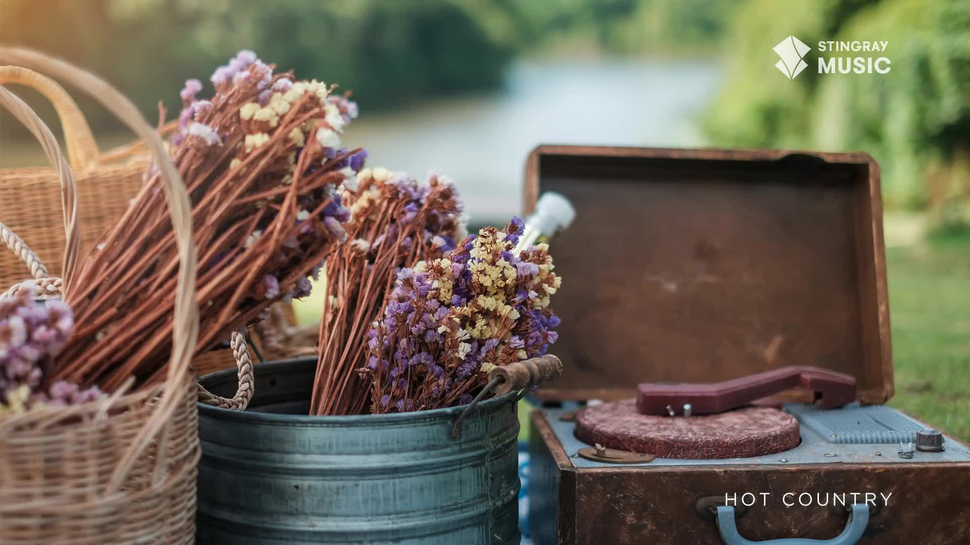 Dried flowers in woven baskets sit beside a vintage record player. The gentle flow of a Canadian river is visible in the background.