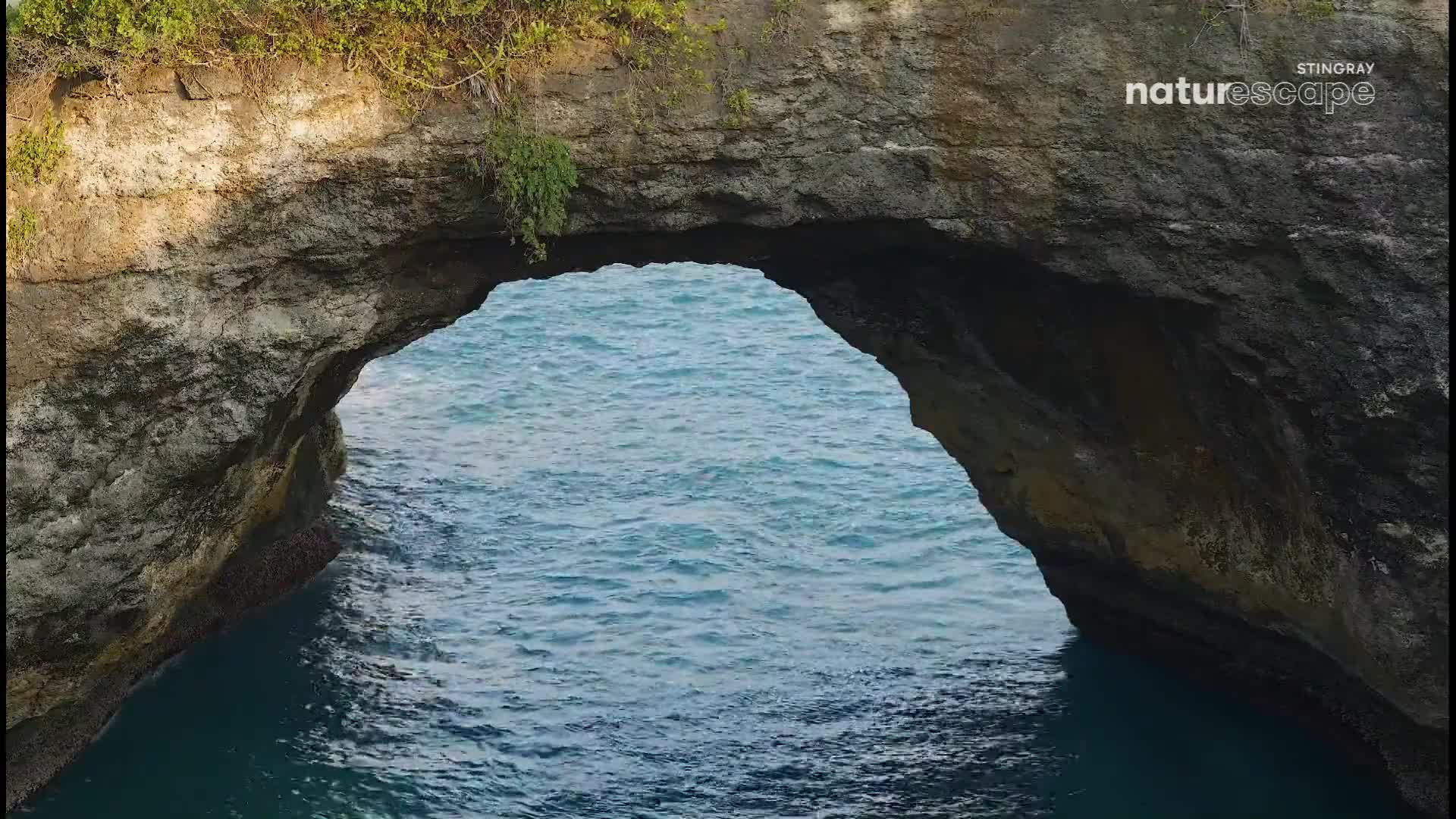The sea's surface, a patchwork of blues, flows beneath a natural stone arch. Lush greenery clings to the rock face, framing the open water beyond.
