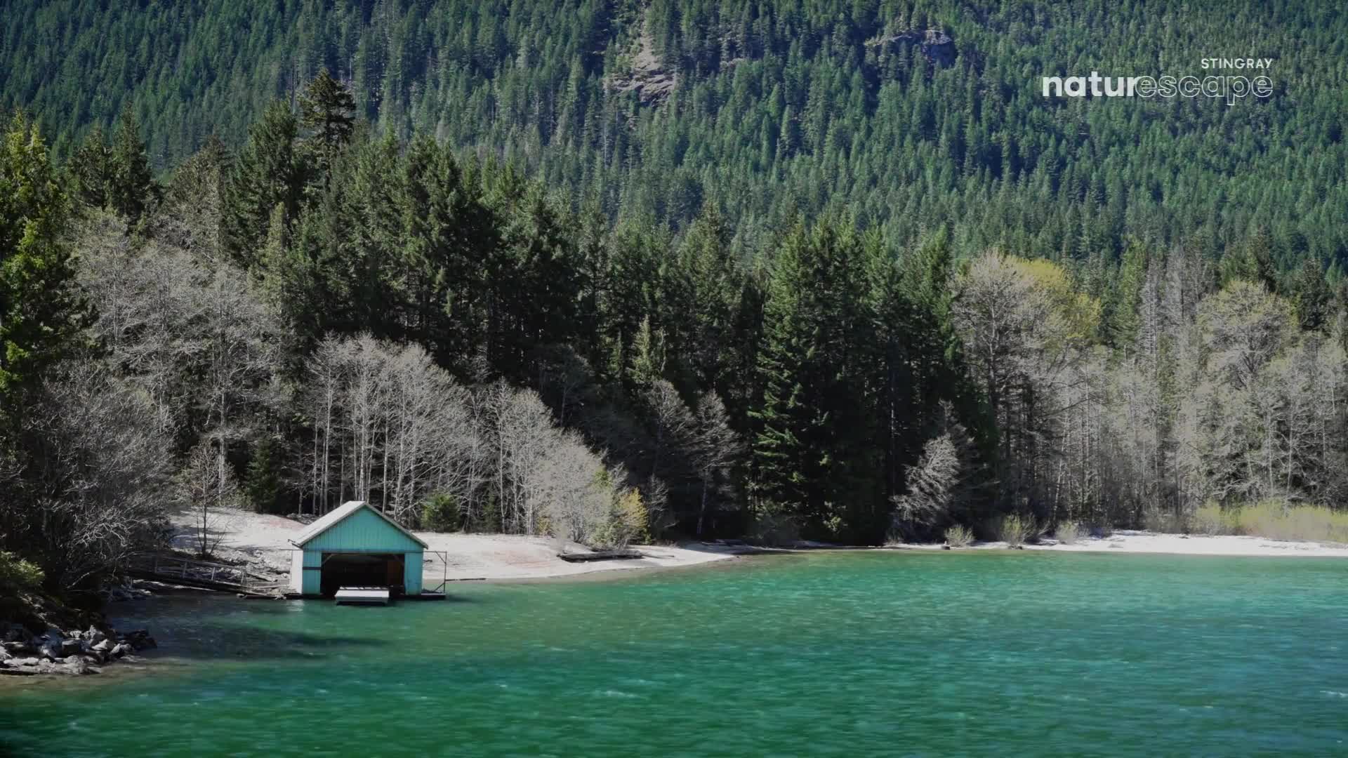 The turquoise water laps gently against the shore, where a small boathouse sits nestled. Towering evergreen trees and bare-branched deciduous trees frame the lake and the distant, forested mountains of Canada.
