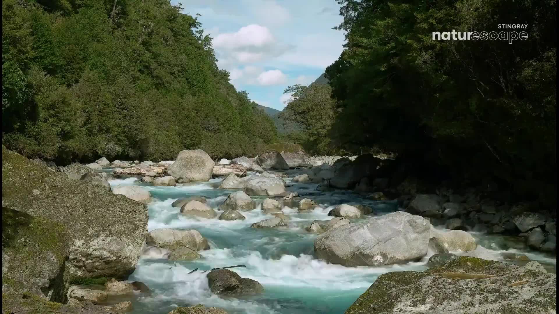 The turquoise water rushes between the large, grey boulders, a river carving its way through the Canadian landscape. Dense, green trees line the banks, framing the scene under a partly cloudy sky.

