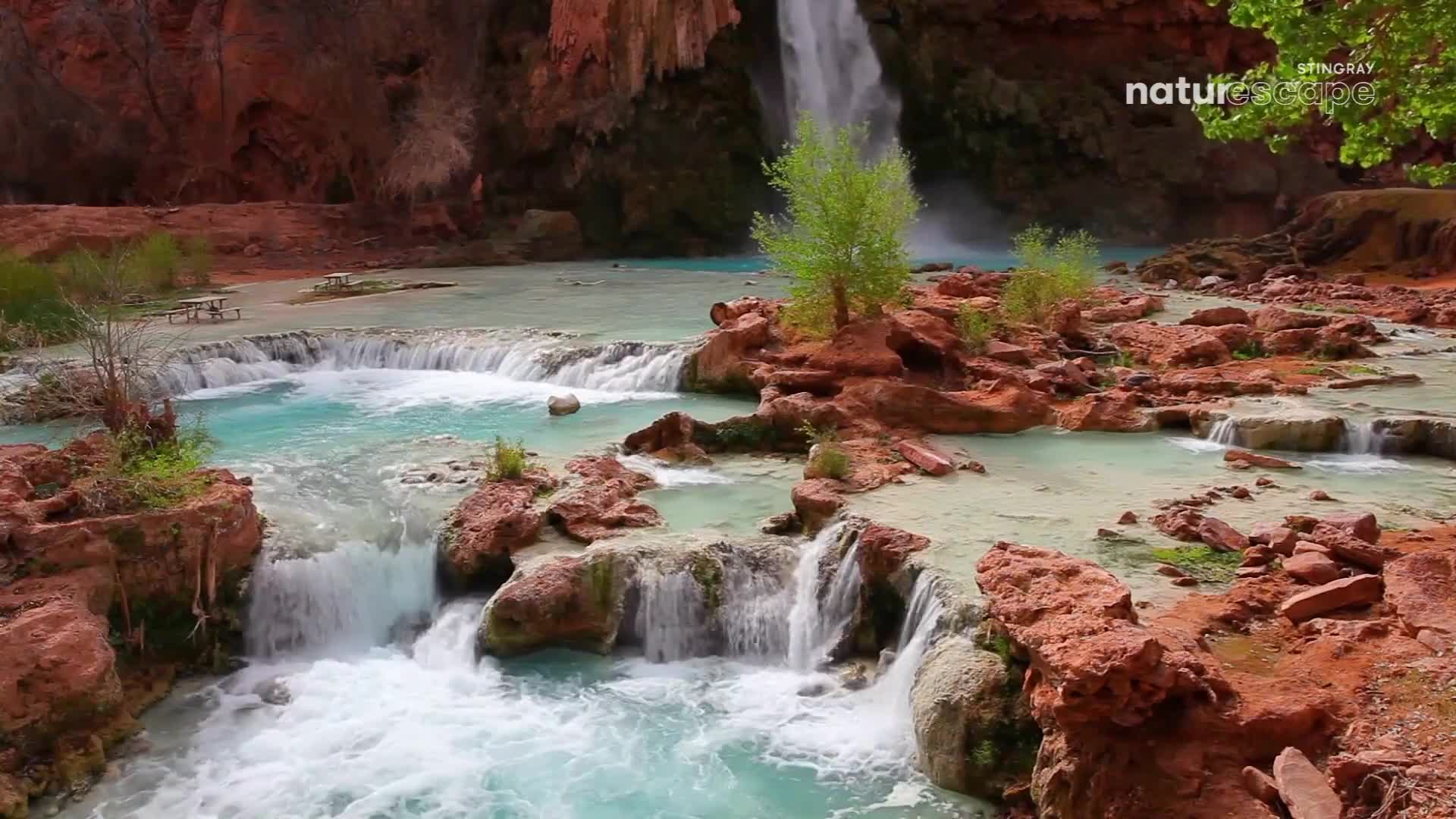Water cascades down a cliff face, forming a series of small waterfalls that flow into a turquoise pool. The red rock formations and lush greenery create a stunning contrast.
