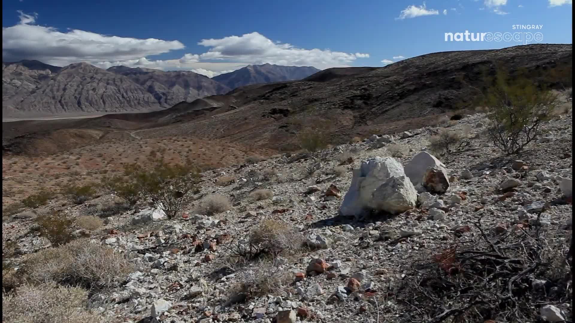 A rugged, arid landscape stretches toward distant mountains under a bright, blue sky. Two large, pale rocks sit on a rocky slope, surrounded by sparse desert vegetation.
