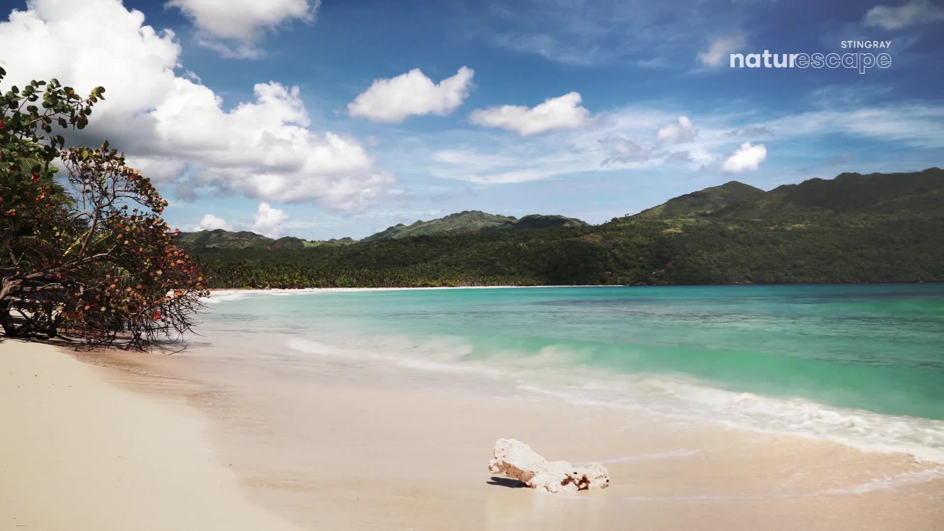The turquoise water laps gently onto the pale sand, creating soft, white foam. Lush green hills rise behind the beach, their slopes covered in dense trees.