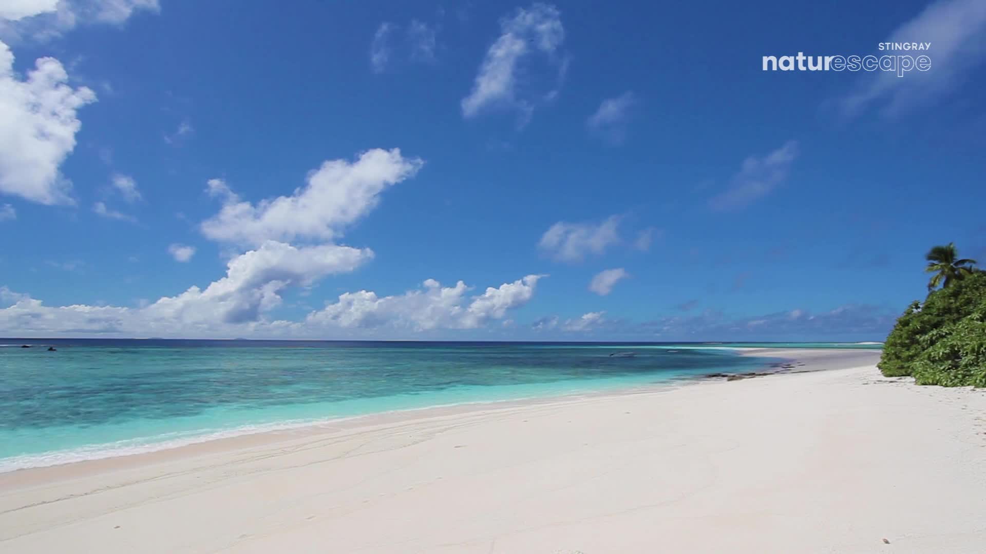 The turquoise water laps gently at the white sand beach. A few dark shapes, likely boats, dot the distant horizon under a bright blue sky.