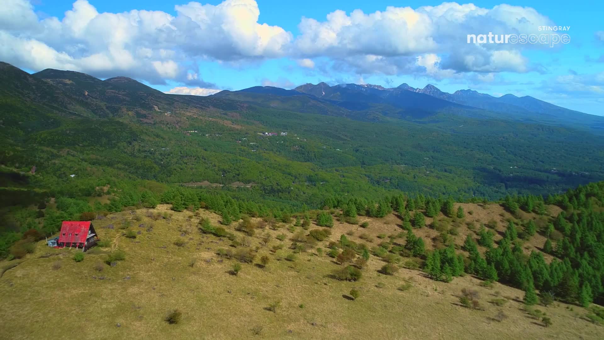 A small red-roofed cabin sits on a grassy slope, overlooking a vast expanse of green forest. Jagged, snow-capped mountains rise in the distance under a bright blue sky dotted with puffy white clouds.