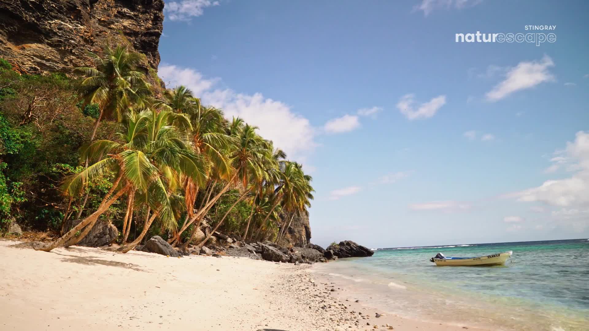 Palm trees lean over a white sand beach next to a sheer cliff face. A small, light-colored boat bobs gently in the clear turquoise water.