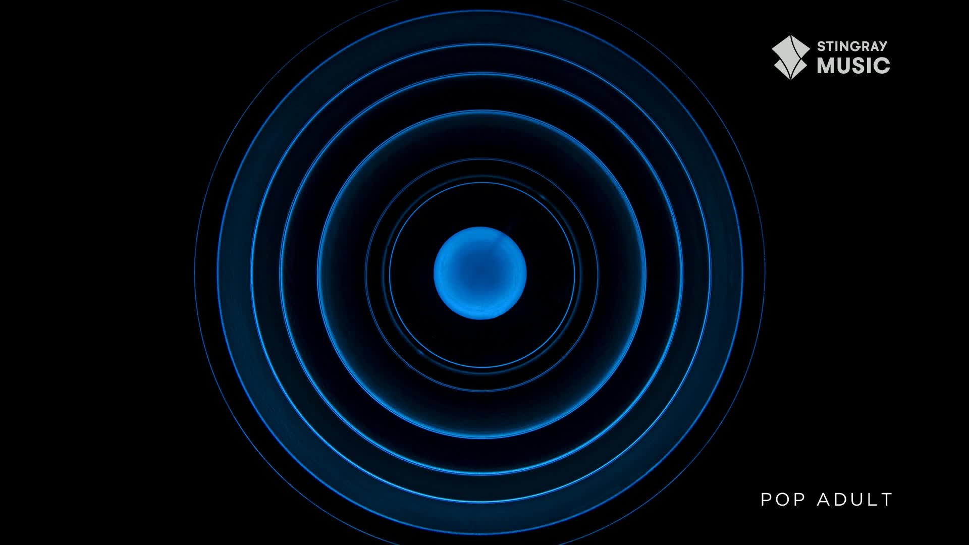 A series of concentric blue rings pulse outward from a central sphere, all against a stark black backdrop. The Stingray Music logo sits in the upper right, and "POP ADULT" is printed at the bottom.
