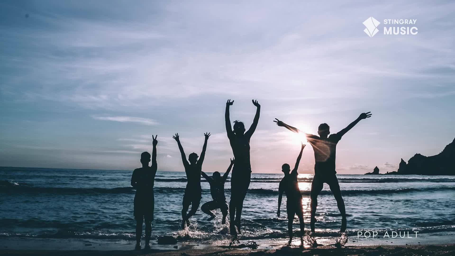 Silhouetted against the sunset, a group of people leap into the air on the beach, their arms raised. The waves crash gently behind them, as the Stingray Pop Adult logo appears in the corner.
