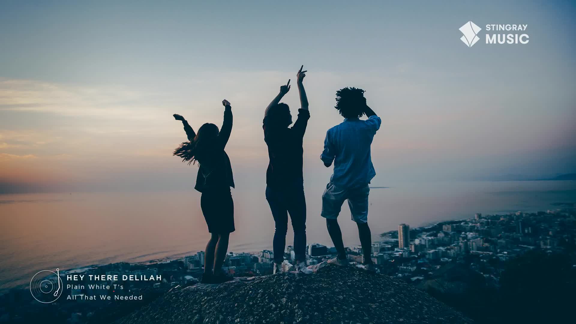 Three figures stand silhouetted against the dusky sky, arms raised in the air. They seem to be celebrating, maybe to the tune of Plain White T's on Stingray Pop Adult, with a Canadian cityscape spread out below.
