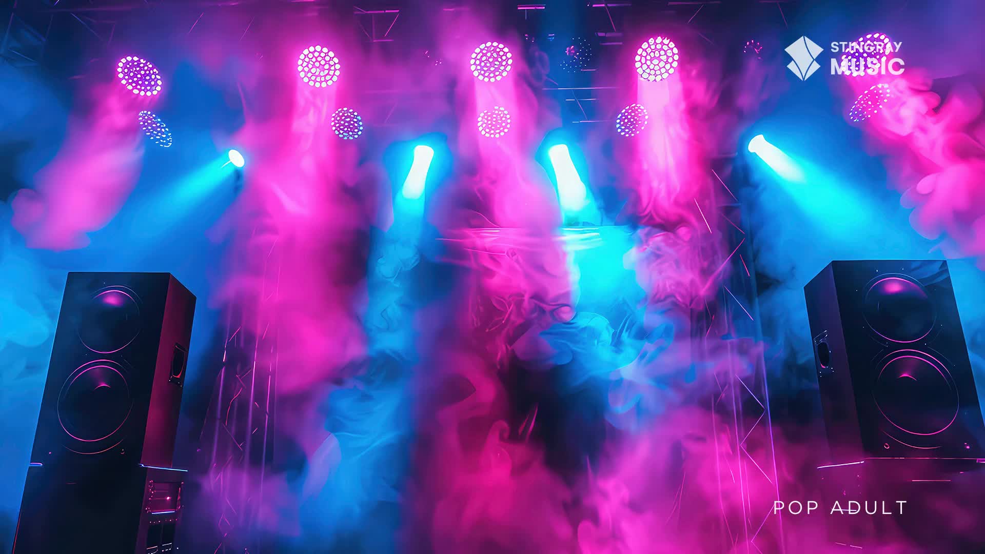 Bright pink and blue lights cut through the haze, illuminating a stage set for a Stingray Pop Adult performance. Towering speakers flank the stage, ready to blast the music.
