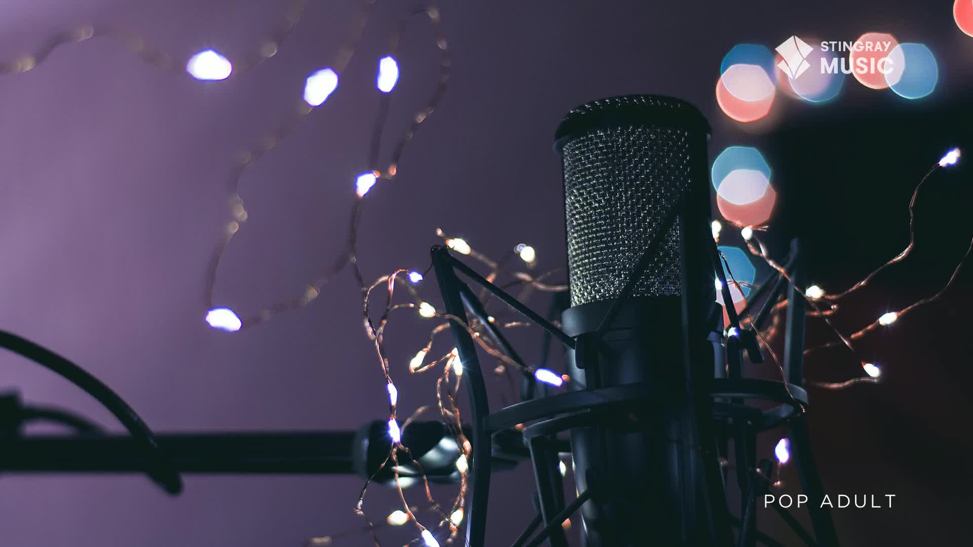 A microphone sits centered, its mesh gleaming under the soft glow of tiny lights. The Stingray Music logo and "Pop Adult" text suggest a recording studio in Canada, ready for a session.
