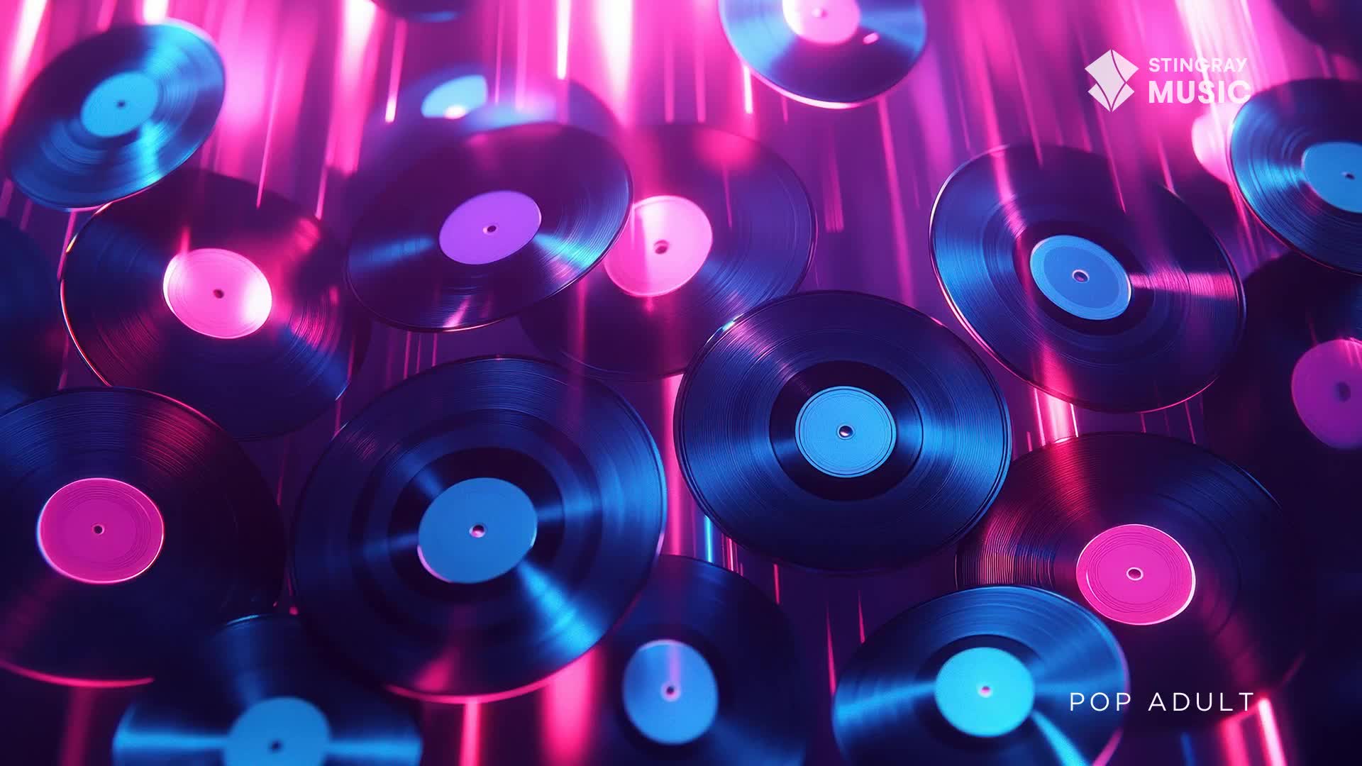 Vinyl records, lit with blue and pink hues, seem to be floating in mid-air. The Stingray Pop Adult logo is visible, hinting at the music style.
