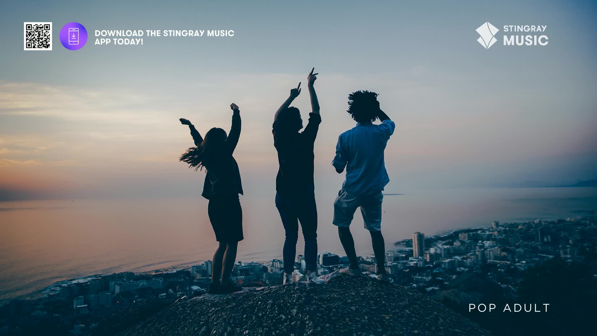 Three people are silhouetted on a hilltop, arms raised in the air. The Stingray Pop Adult logo, a Canadian music app, is visible in the corner.
Three people are silhouetted on a hilltop, arms raised in the air. The Stingray Pop Adult logo, a Canadian music app, is visible in the corner.