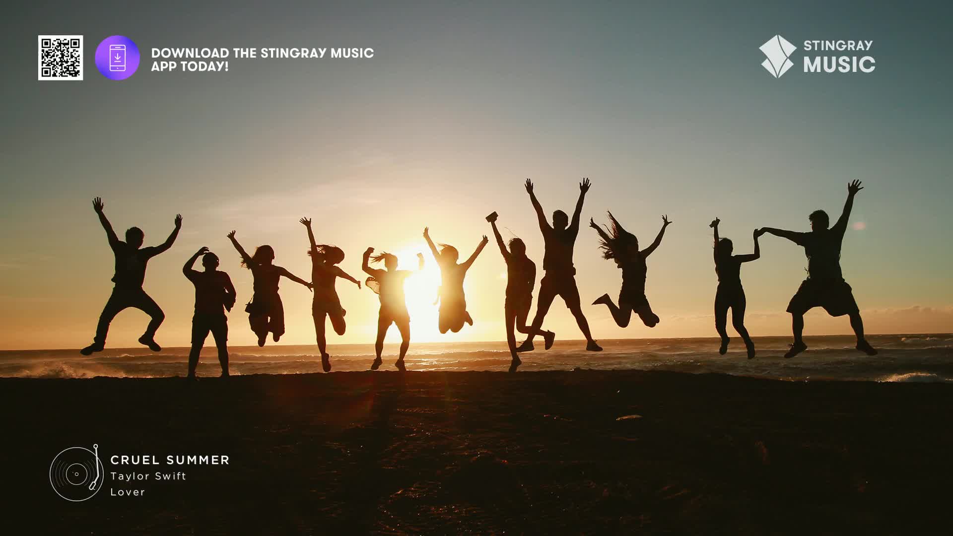 A group of friends leaps into the air against a vibrant sunset over the ocean. Their silhouettes are stark against the warm glow, arms outstretched in pure joy.