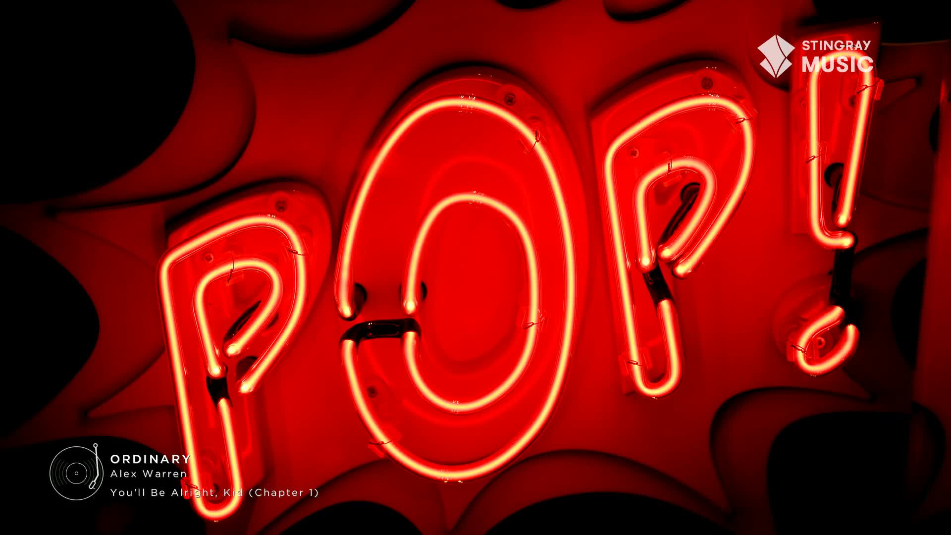 The neon letters spell out "POP!" in vibrant red against a dark background. A Stingray Music logo hovers above the exclamation point.