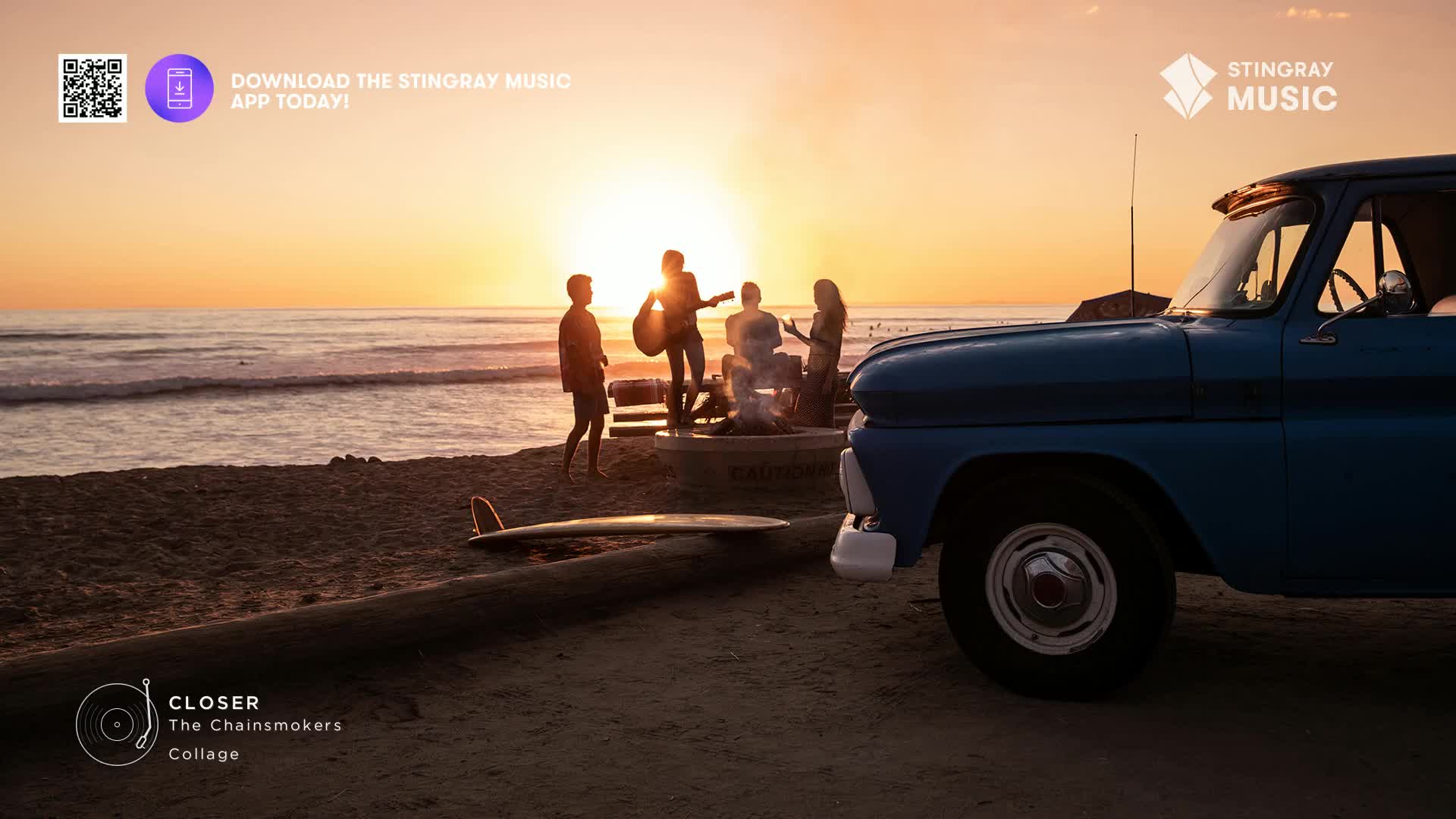 A group of friends gathers around a bonfire on the beach as the sun dips below the horizon. Their silhouettes are sharp against the warm glow, one strumming a guitar. A classic blue pickup truck sits parked nearby, its chrome glinting in the fading light.