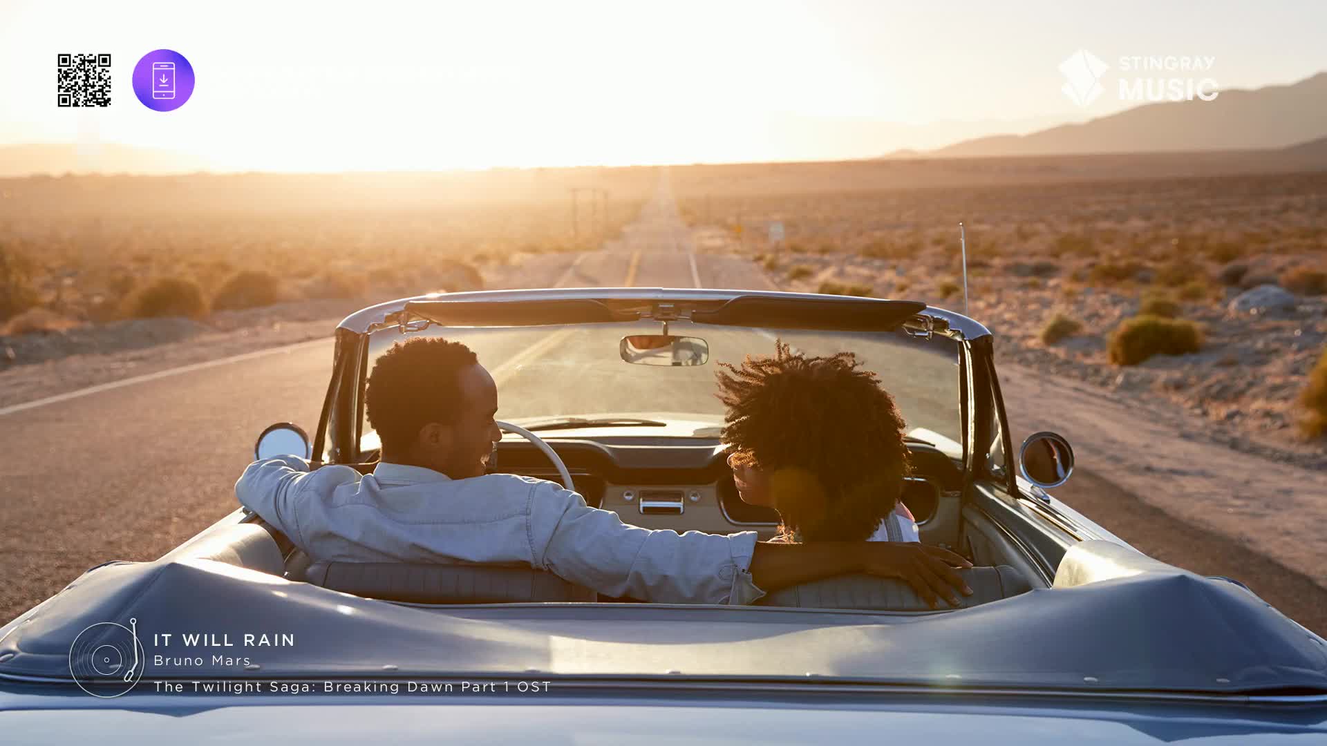 The convertible cruises down a long, empty highway as the sun sets, casting a warm glow over the desert landscape. A couple sits close, enjoying the ride and the quiet moment.