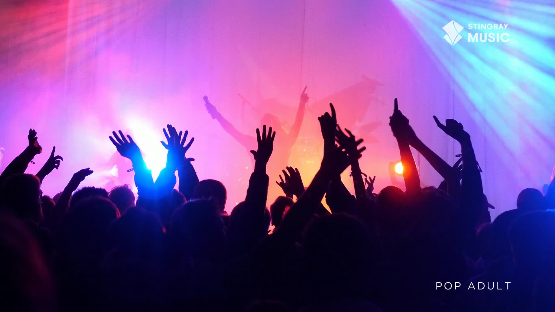 Hands are raised high in the air, silhouetted against a stage bathed in vibrant pink and blue lights. A performer, barely visible, stands on stage, their arms outstretched.