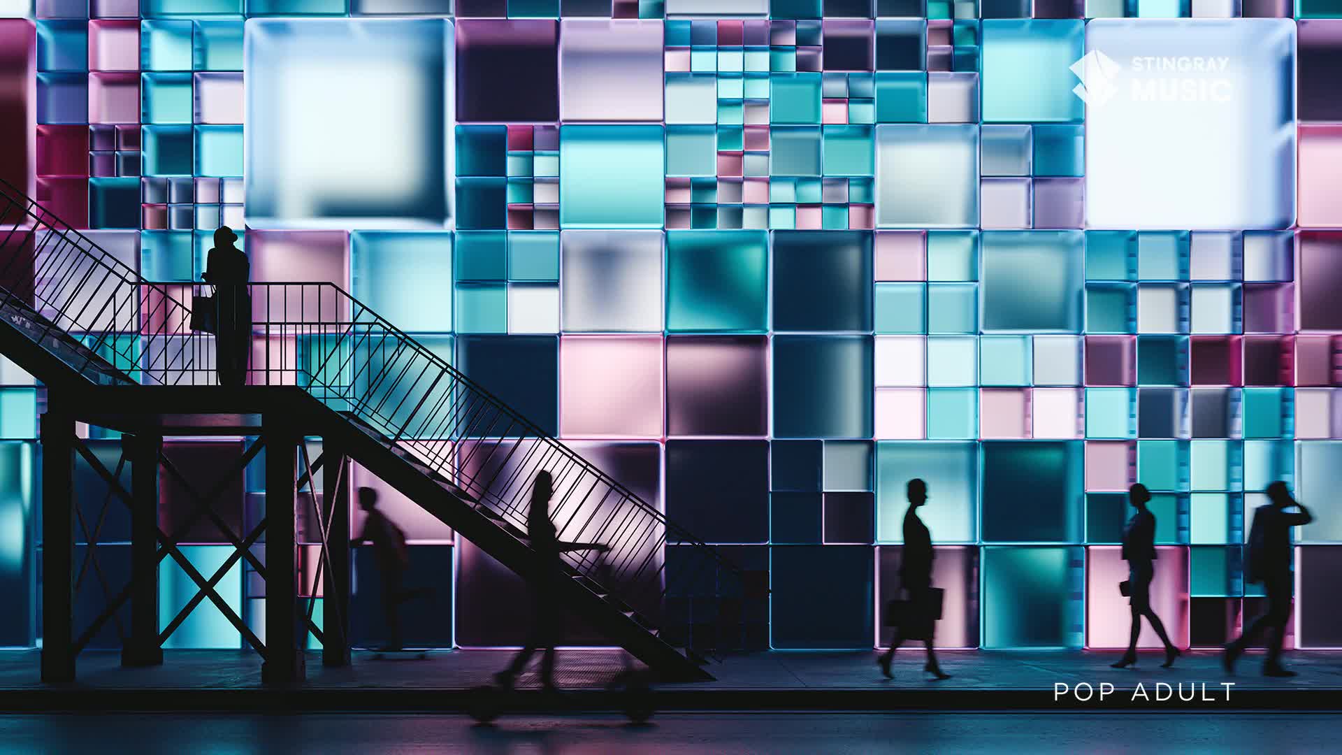 People walk past a building covered in glowing, colourful squares, some heading up a metal staircase. A person on a scooter glides by in the foreground.