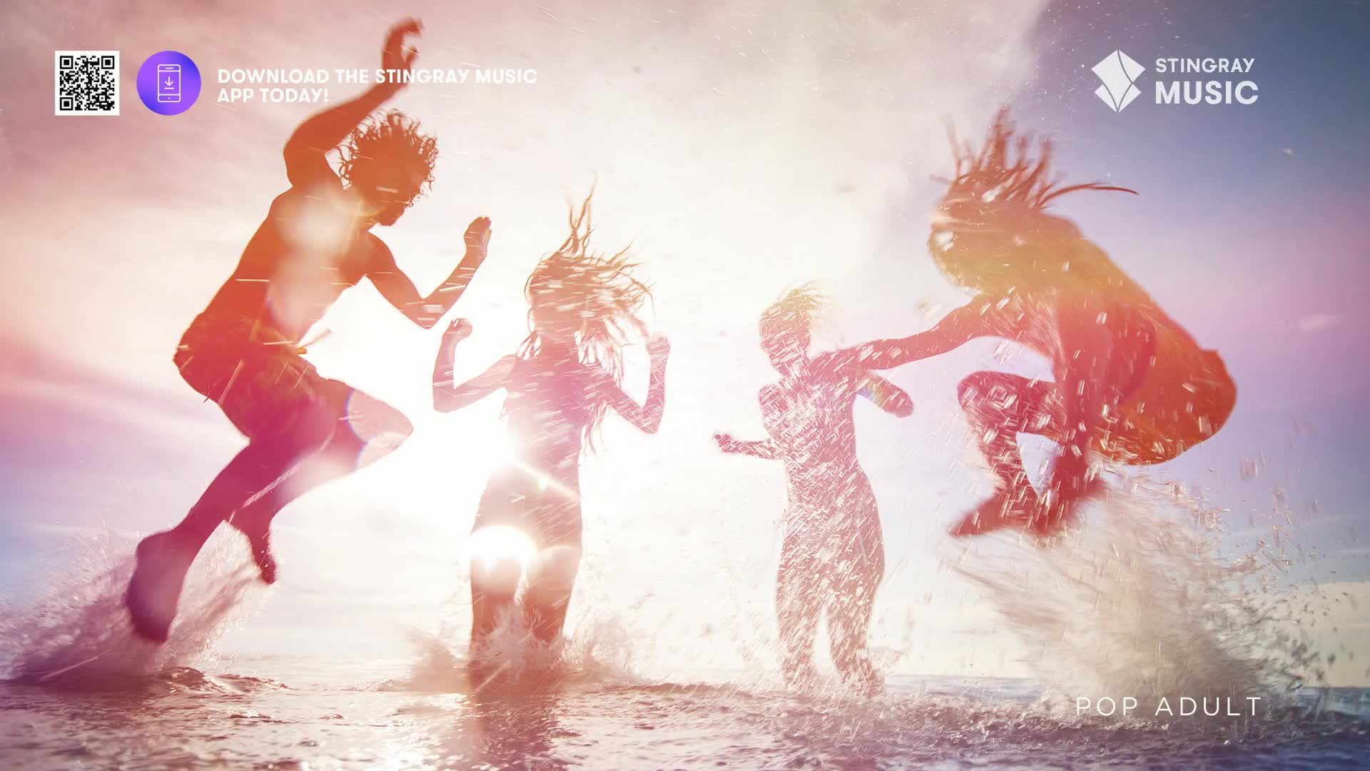 Four figures leap through the water, kicking up spray as they go. Their bodies are silhouetted against the bright sky, hair flying as they move.